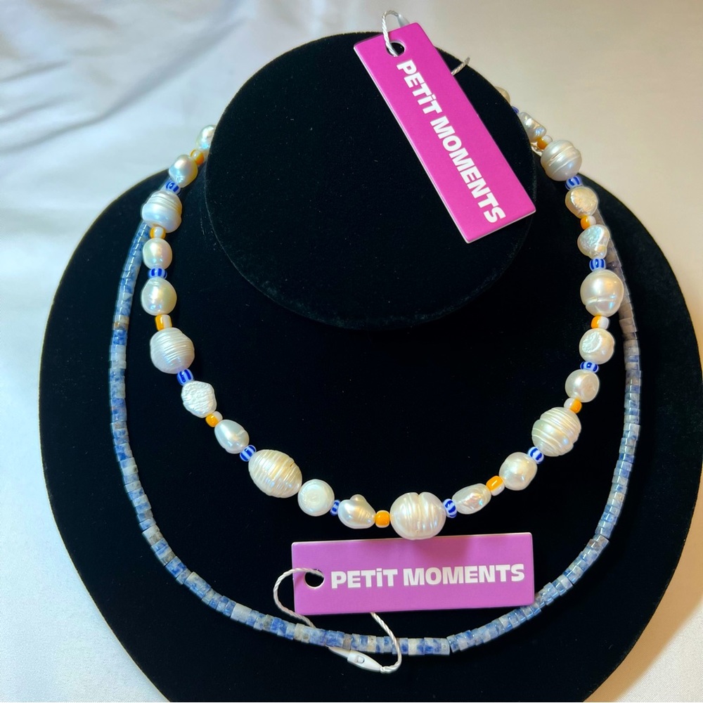 2PC NEW NWT Petit Moments Canna Pearl & Mineral Beaded Lapis Lazuli Necklace LOT